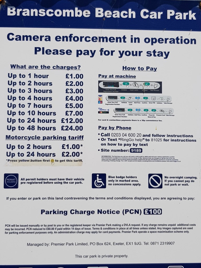 Branscombe Beach Car Park Tariff